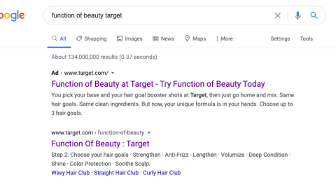 Function of Beauty Target Google Search Ad