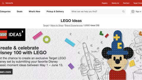 Target Lego 'Create & Celebrate Disney 100' Web Page