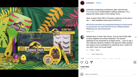 Profusion Cosmetics Walmart Jurassic Park Instagram Update