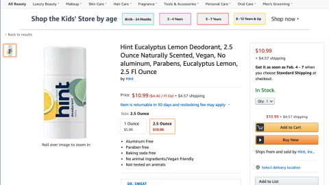 Amazon Hint Deodorant Product Page